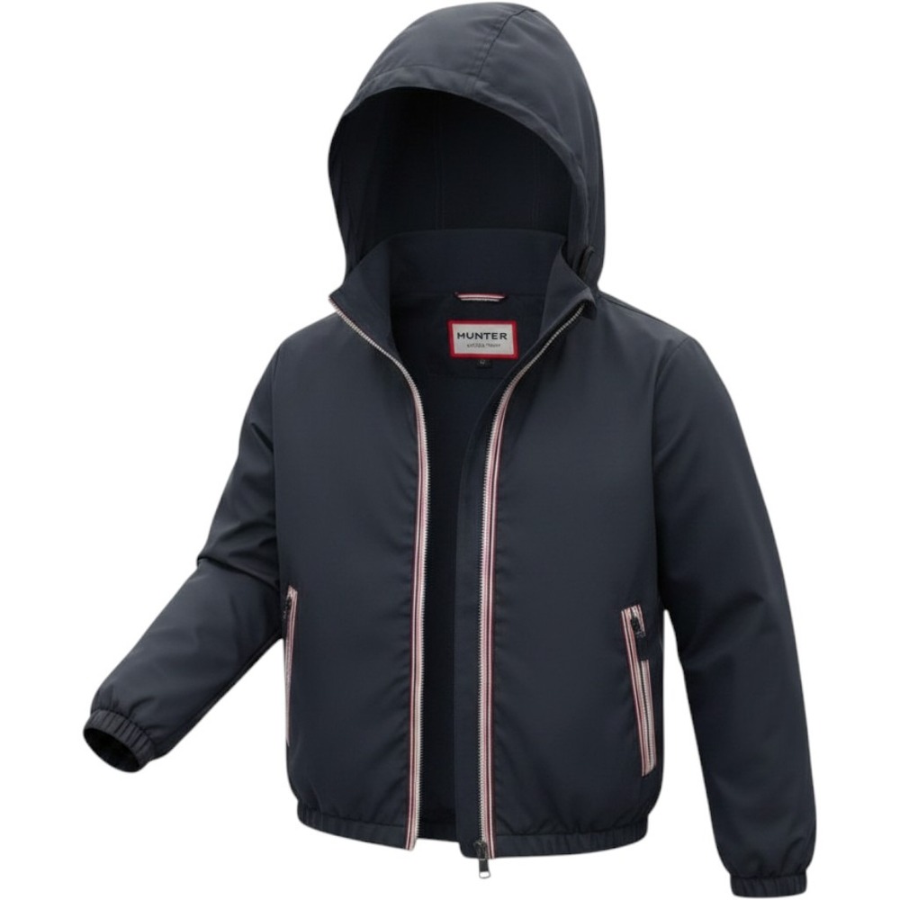 Hunter Original Kids Navy Blue Hooded Windbreaker Jacket Size 7-8 Striped Trim
